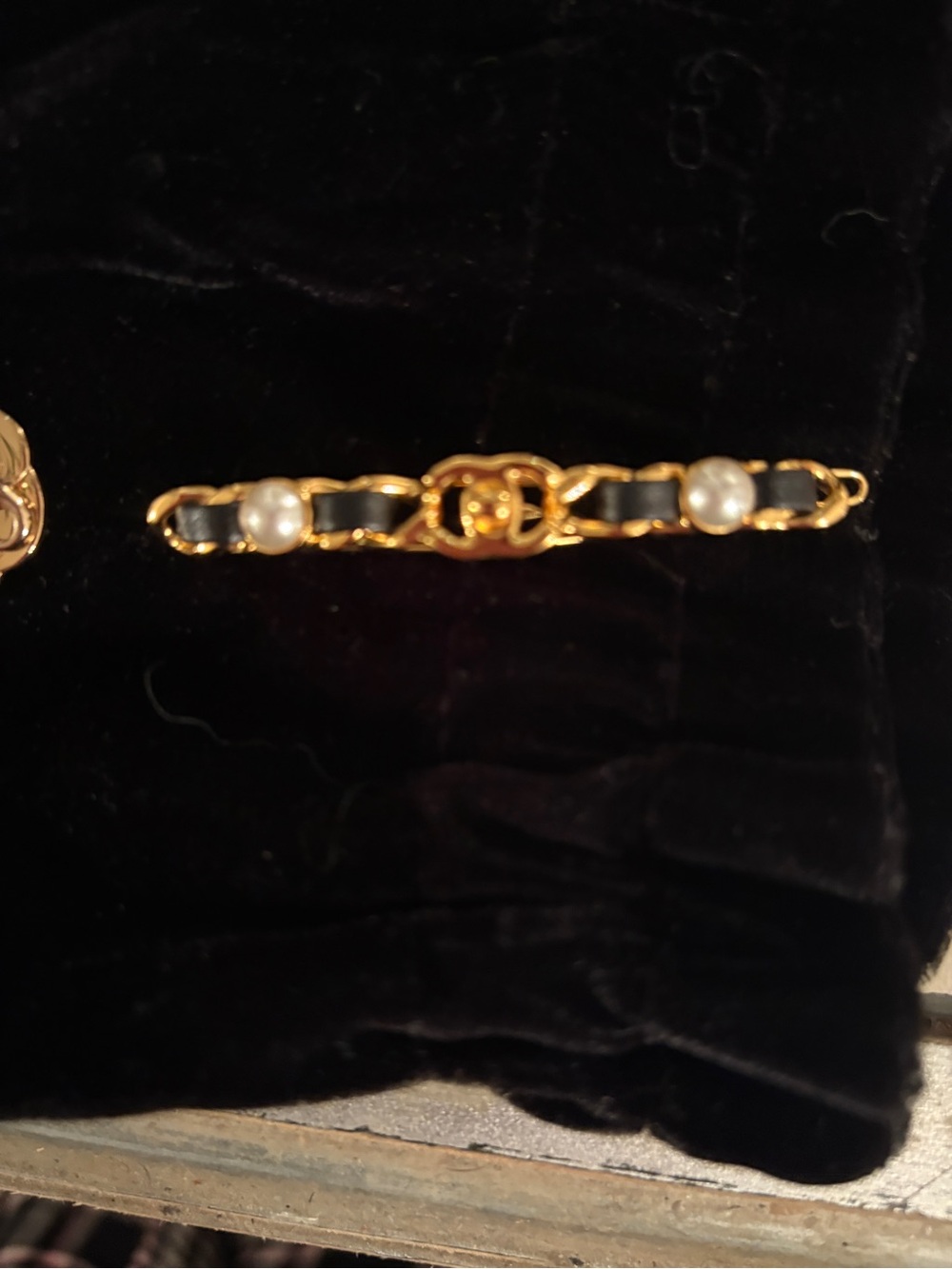 Chanel CC Pearl and Leather Barrette
